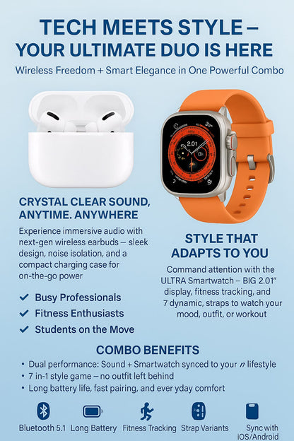 AirPods Pro 2 + Ultra 7-in-1 Smartwatch Combo | Premium Sound & Style Deal