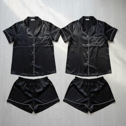 Couple Night Dress Silk Pajama Set – Short Sleeve Shirt & Shorts (4 Pcs) | SKU DC-C014 | Black