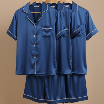 Couple Night Dress Silk Pajama Set – Short Sleeve Shirt & Shorts (4 Pcs) | SKU DC-C014 | Black