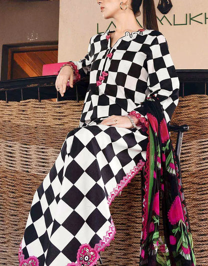 Elegant All-Over Checkerboard Print Embroidered Lawn 3Pc Unstitched Dress with Chiffon Dupatta – Summer Collection 2026