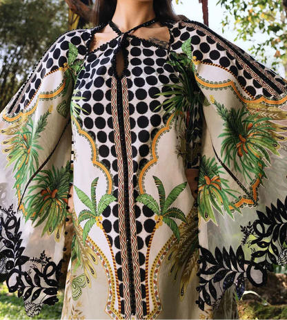 Elegant All-Over Print Embroidered Lawn 3Pc Unstitched EID Dress for Girls with Chiffon Dupatta